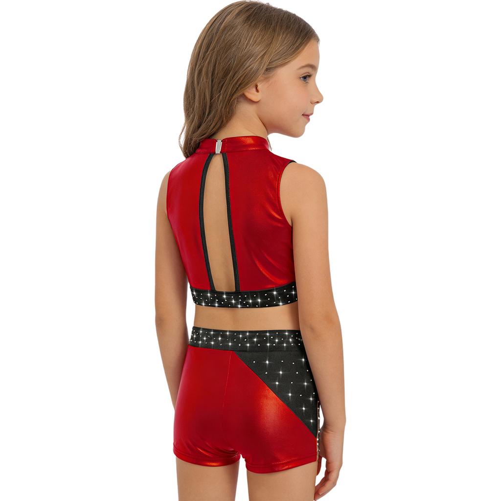 Top Corto da Ragazza con Strass Collo Alto Senza Maniche Blocco di Colore Metallizzato Pantaloncini Outfit Danza Ginnastica