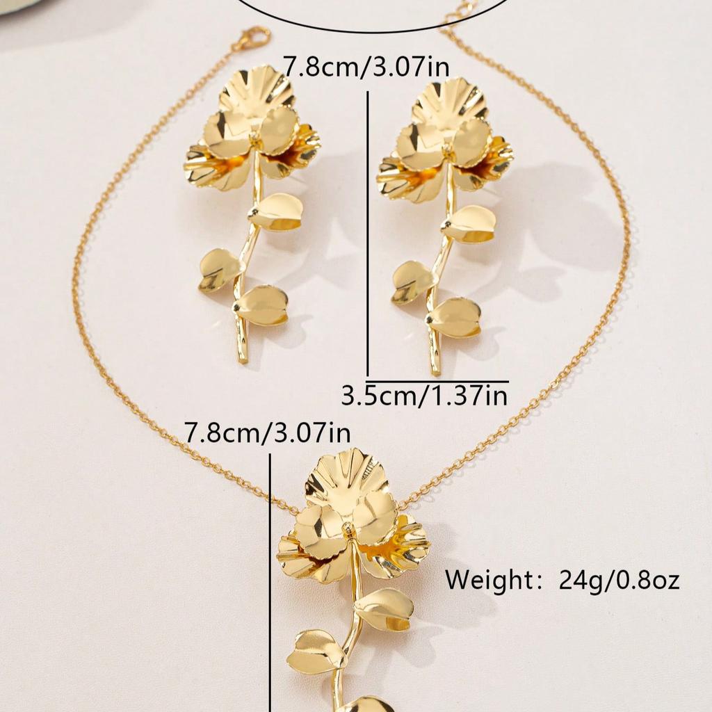 1set 3pcs 2024 New Vintage Golden Floral Earrings Unique Design High-End Quality Statement Dangle Earrings Necklace For Women Party And Daily Wear