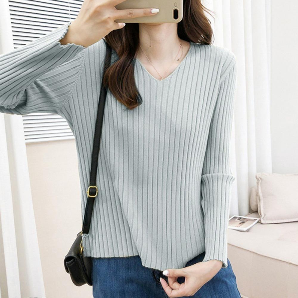 Autumn/Winter Knitwear Sweaters Women’s V-neck Pit Strip Pullover Long Sleeves Bottom Top Casual Knitted Sweater