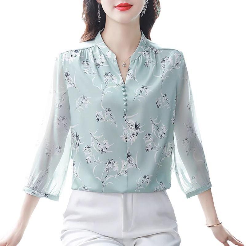 Chemisier en mousseline de soie doux pour femmes, manches bouffantes, hauts et chemisiers coréens pour femmes, cardigan, chemises à imprimé floral, printemps été