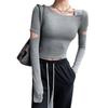 Women's Long Sleeve Slim Fit Casual Top - Pure Color and Versatile with a Round Neck and Hole Detail