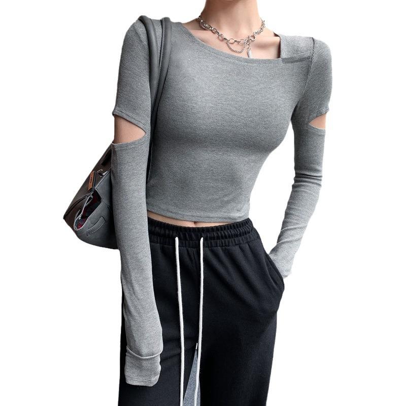Women's Long Sleeve Slim Fit Casual Top - Pure Color and Versatile with a Round Neck and Hole Detail