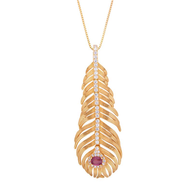 

Pendant S925 Sterling Silver Light Luxury Natural Ruby Feather Necklace Women S Niche Gold Collarbone Chain золотий