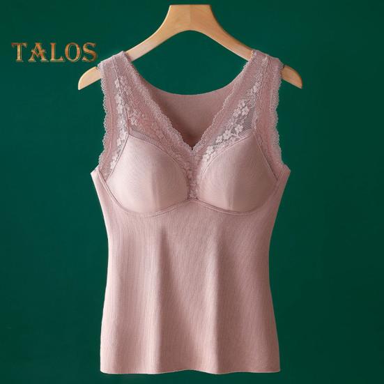 Winter Women Thermal Vest with Chest Pads Seamless Lace Fast Temperature Lock V Neck Slim Fit Elastic Sleeveless Inner Wear Bottoming Tank Top