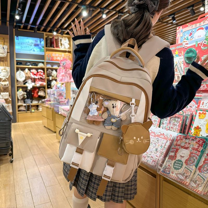 Large Capacity Student Schoolbag Women's Cat Pattern Backpack Color Contrast Backpack with Coin Purse