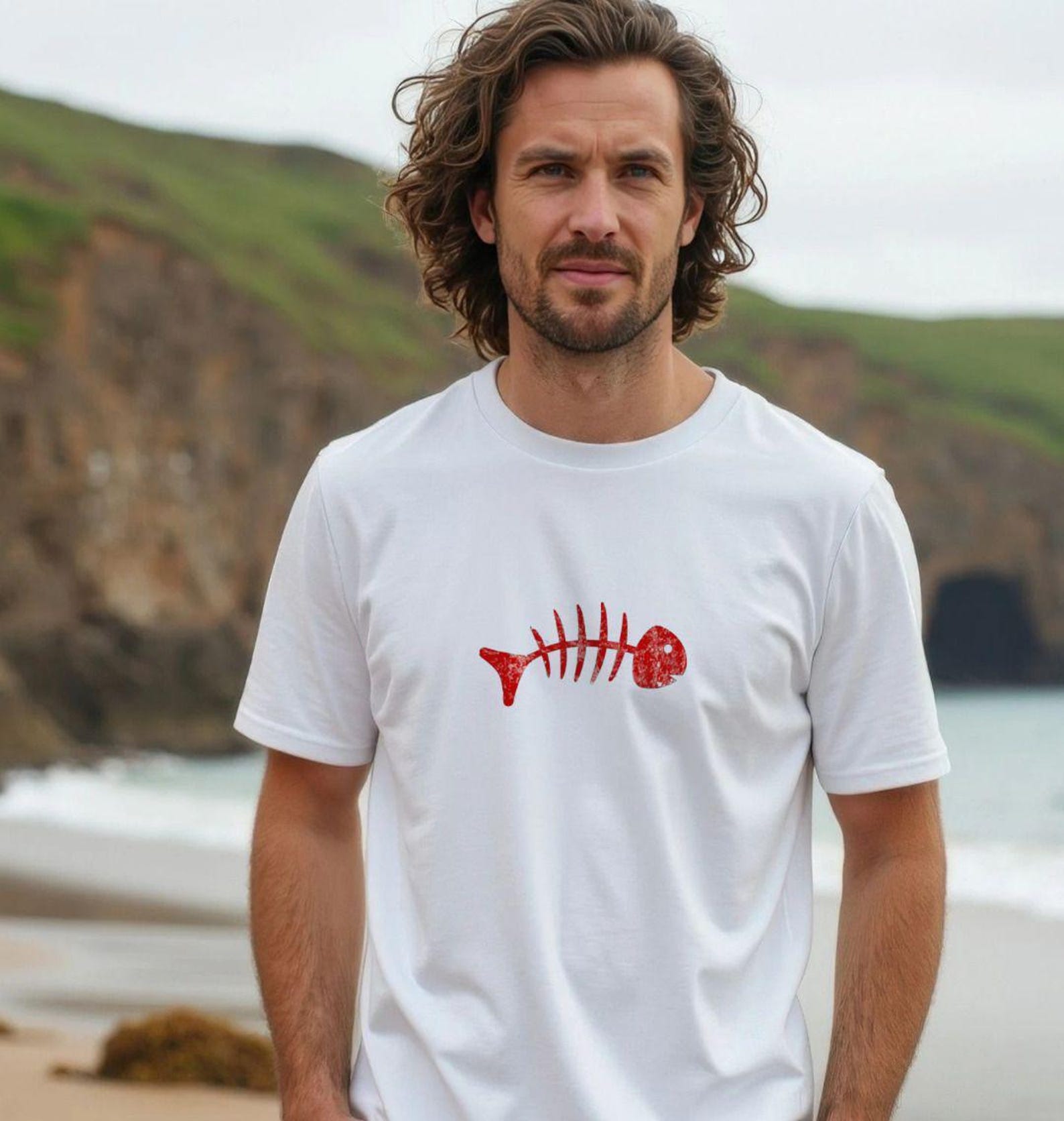 Distressed Red Fish Skeleton T-shirt | Organic Cotton Angler Tee L