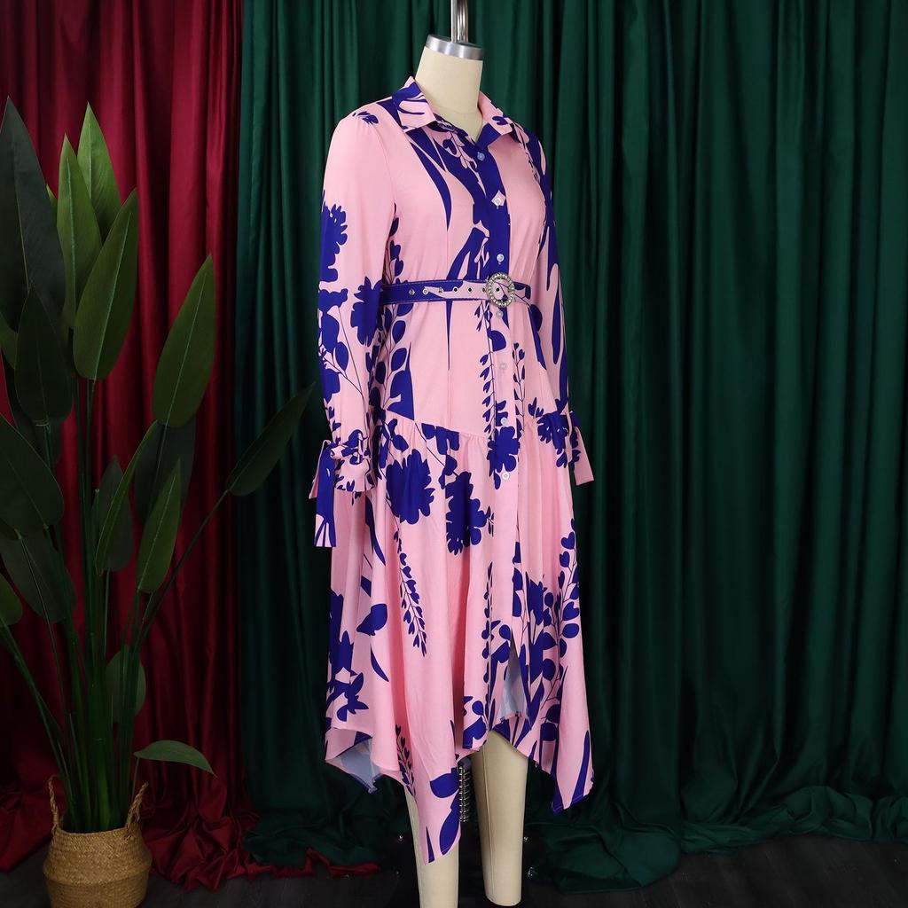 European and American Plus Size Women's Irregular Lapel Dress with Temperament Print