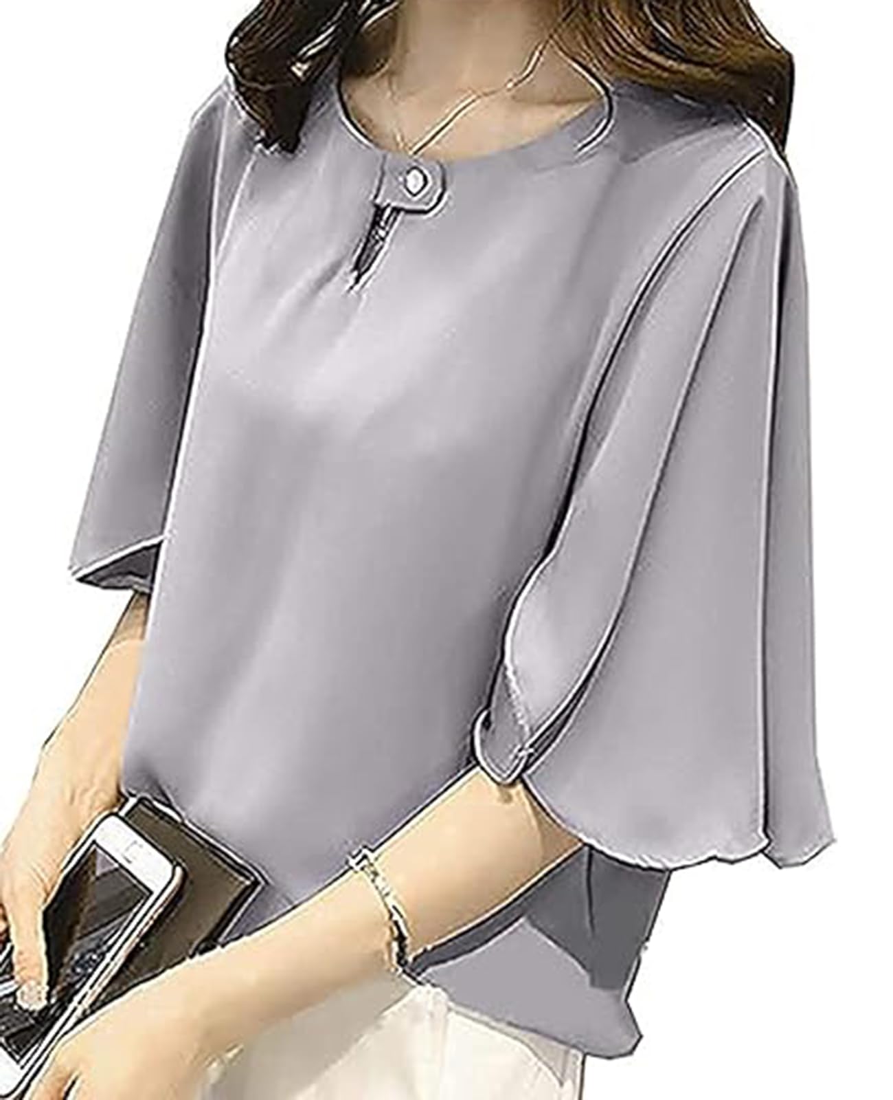 

расклешенный короткий мягкий повседневный 5 круглый [unifiss] Блузка, рукав, шифон, рукав, топ, взрослый, элегантный, лето, женский, ткань, работа, размер, формальный, шикарный, серый