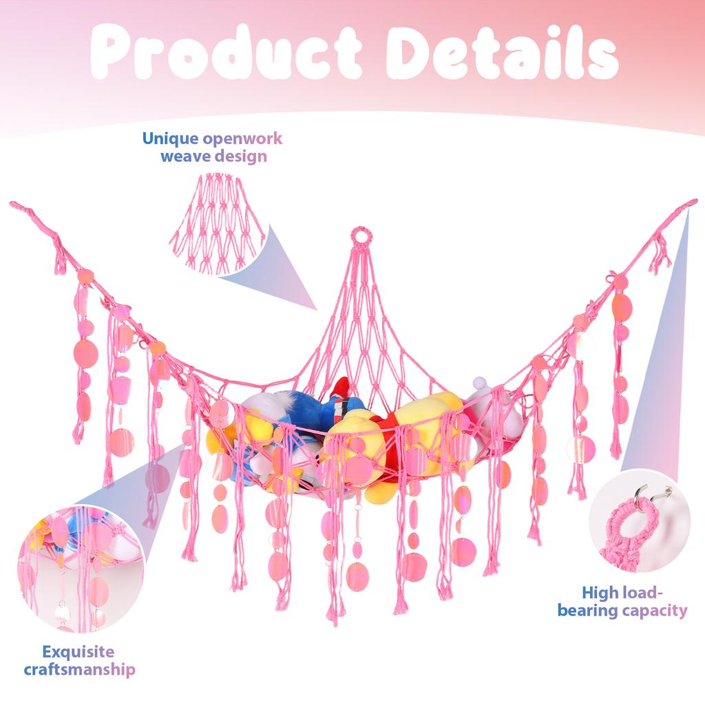 Stuffed Animal Hammock with LED Lights Wall Corner Hanging Plush Toy Storage Net Woven Cotton Rope Kids Nursery Decor