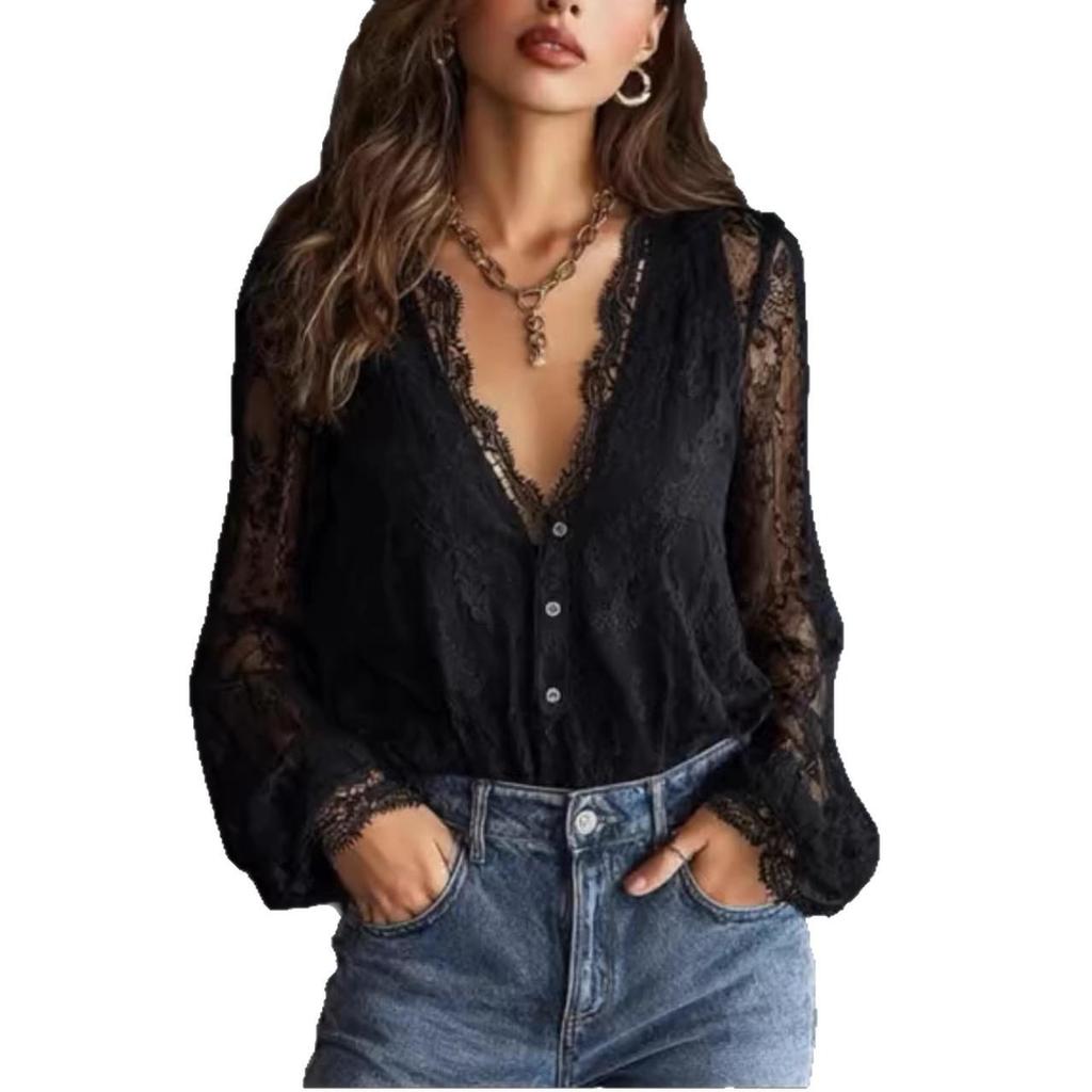 Top Elegant cu Dantelă la Gât în V și Mânecă Lungă - Ediția Europa 2025