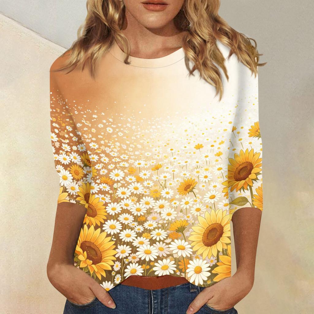 Women's Casual Three Quarter Sleeve Floral Print Round Neck Top Lightweight Comfortable Fit for Everyday Wear