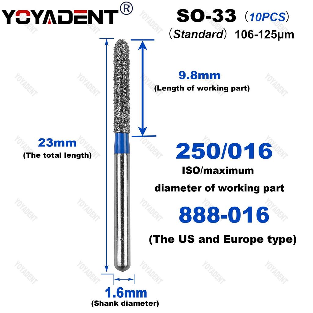 10Pcs/Pack Dental Diamond Burs SO Type Extra Coarse/Coarse/Standard Dentistry Drills For High Speed Handpiece Dia.1.6mm