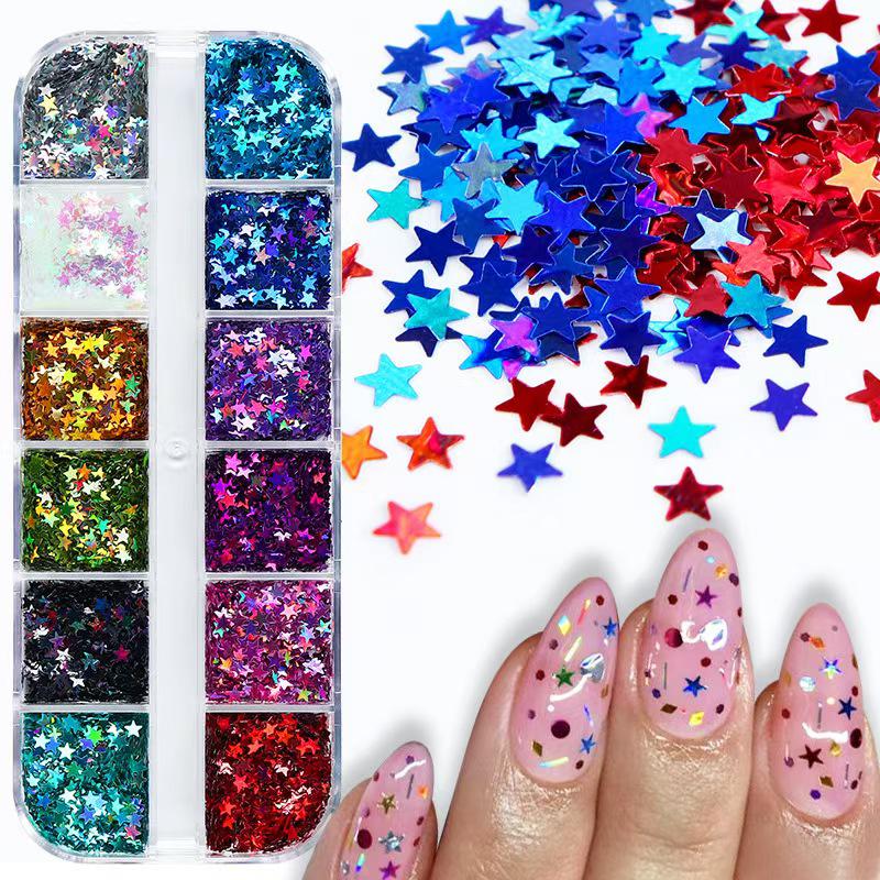 12-Color Star Sequin Nail Stickers - Laser Hollow DIY Art Material