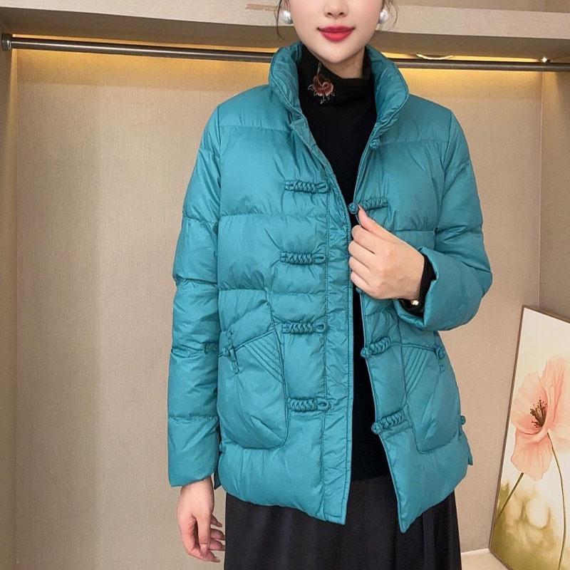 Artistic Retro Frog Button Stand Collar Slim White Down Jacket for Women - Chinese Style Winter 2025