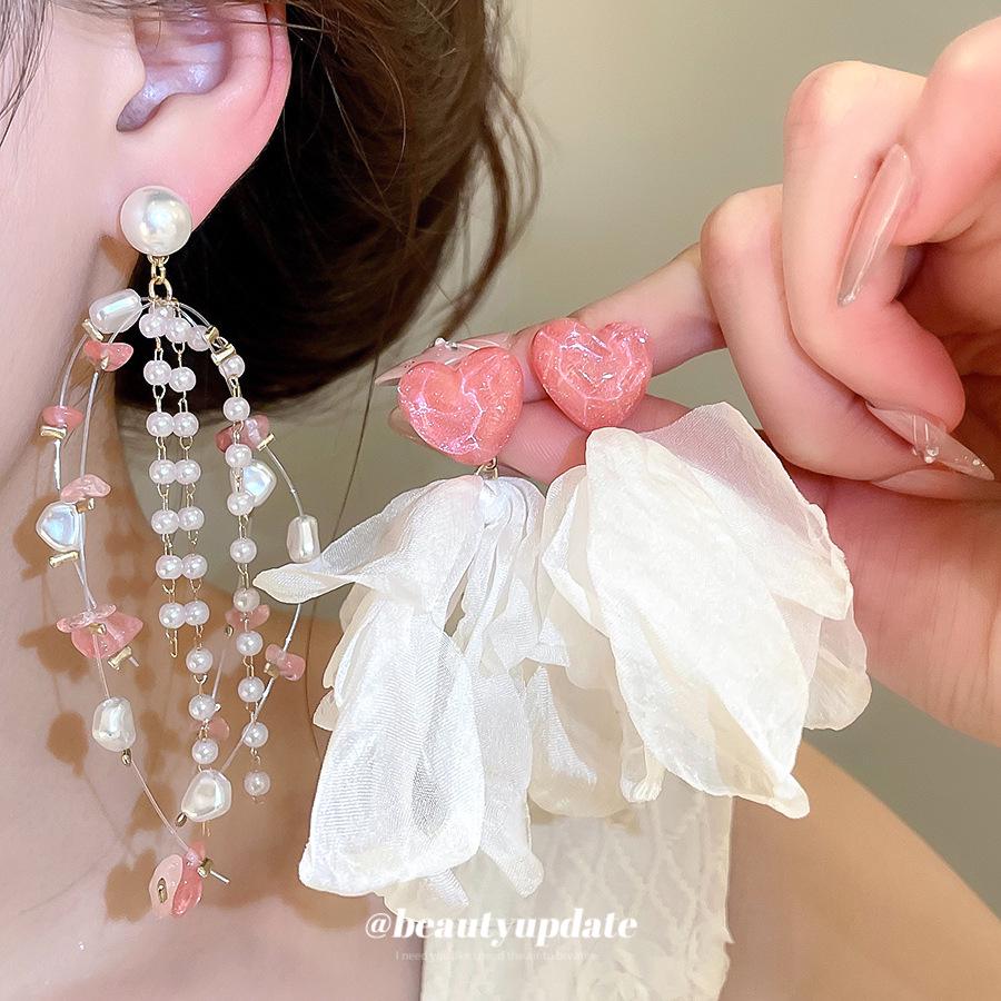 Resin Heart & Petal Tassel Earrings: Elegant Silver Needle, Chic High-End Style for Women