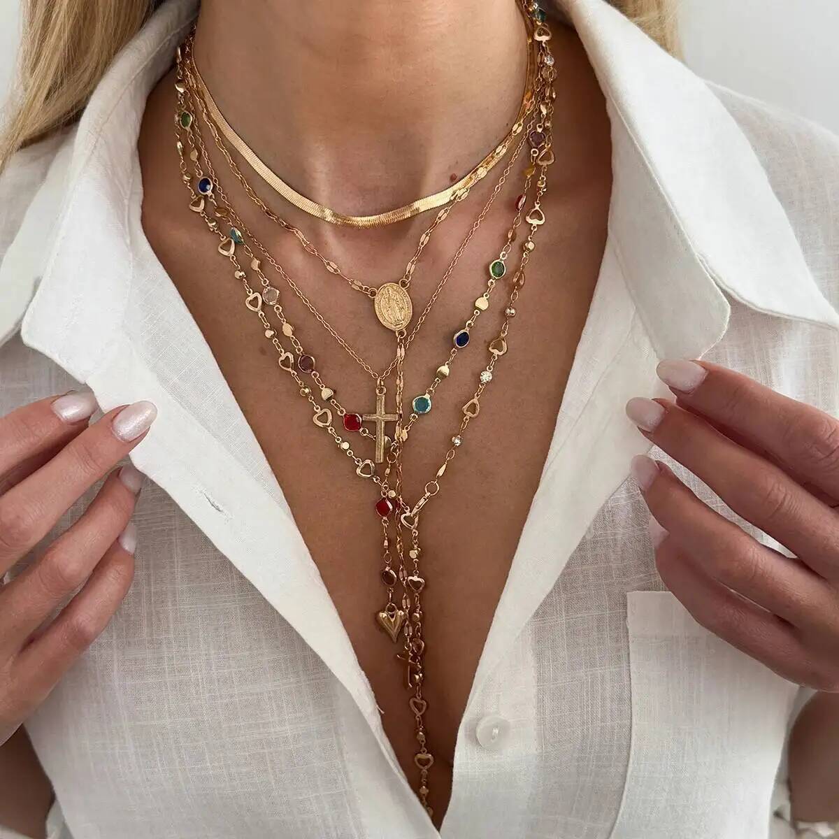 Salircon 5 Pcs/Set Bohemia Colorful Rhinestone Chain Necklace for Women Trendy Love Heart Cross Pendant Necklace Y2K Jewelry