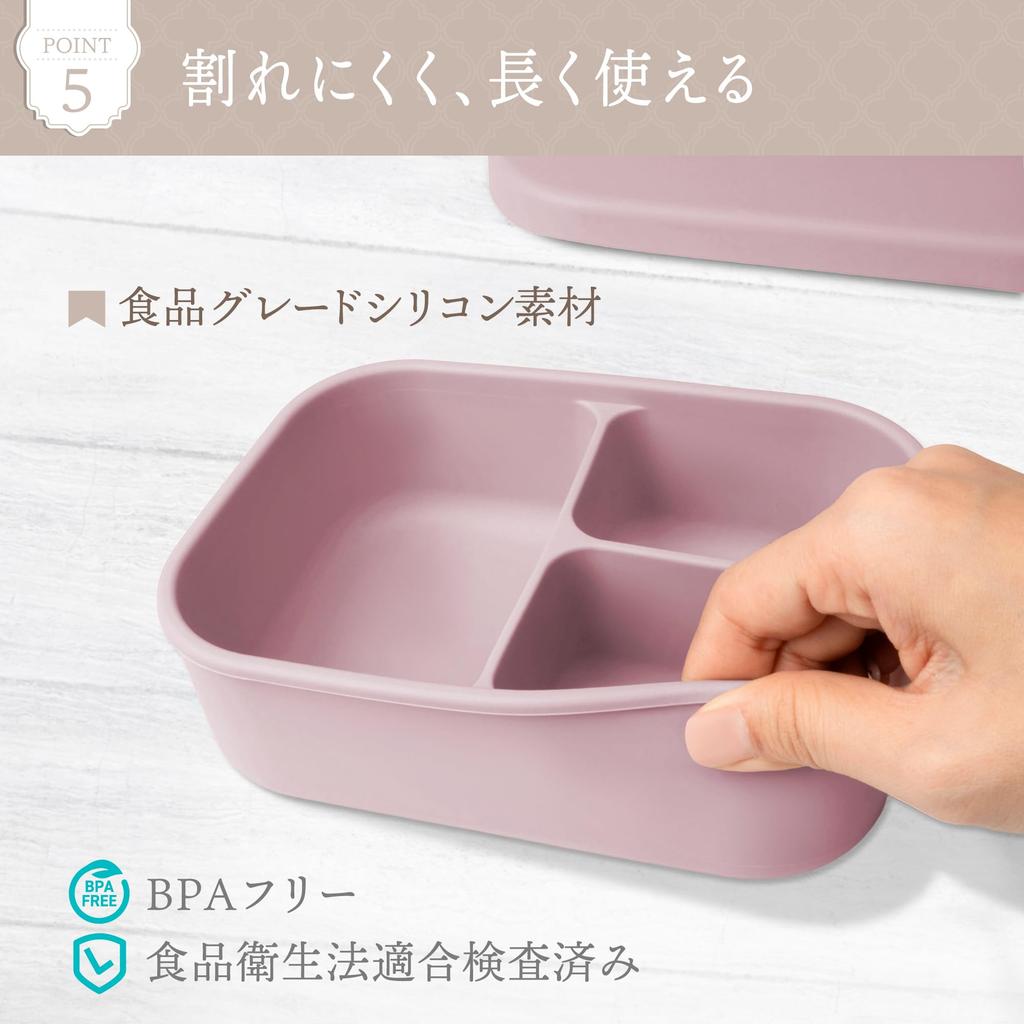 FIOLLU Silicone Lunch 3 Grooved and Oven Mauve Pink Box, 800ml, Compartments, Lid, Leak-Resistant, BPA-Free, Microwave, Dishwasher, Safe,