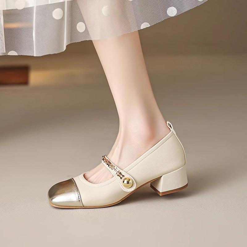 Fashion gold leather patchwork med- high heels shoes woman metal chains pumps ankle strap mary janes shoes tacones big size 43