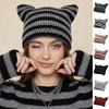 Warm Stripe Knitted Hat Cute Pullover Hat Soft Cat Ears Beanie Hats  Girls