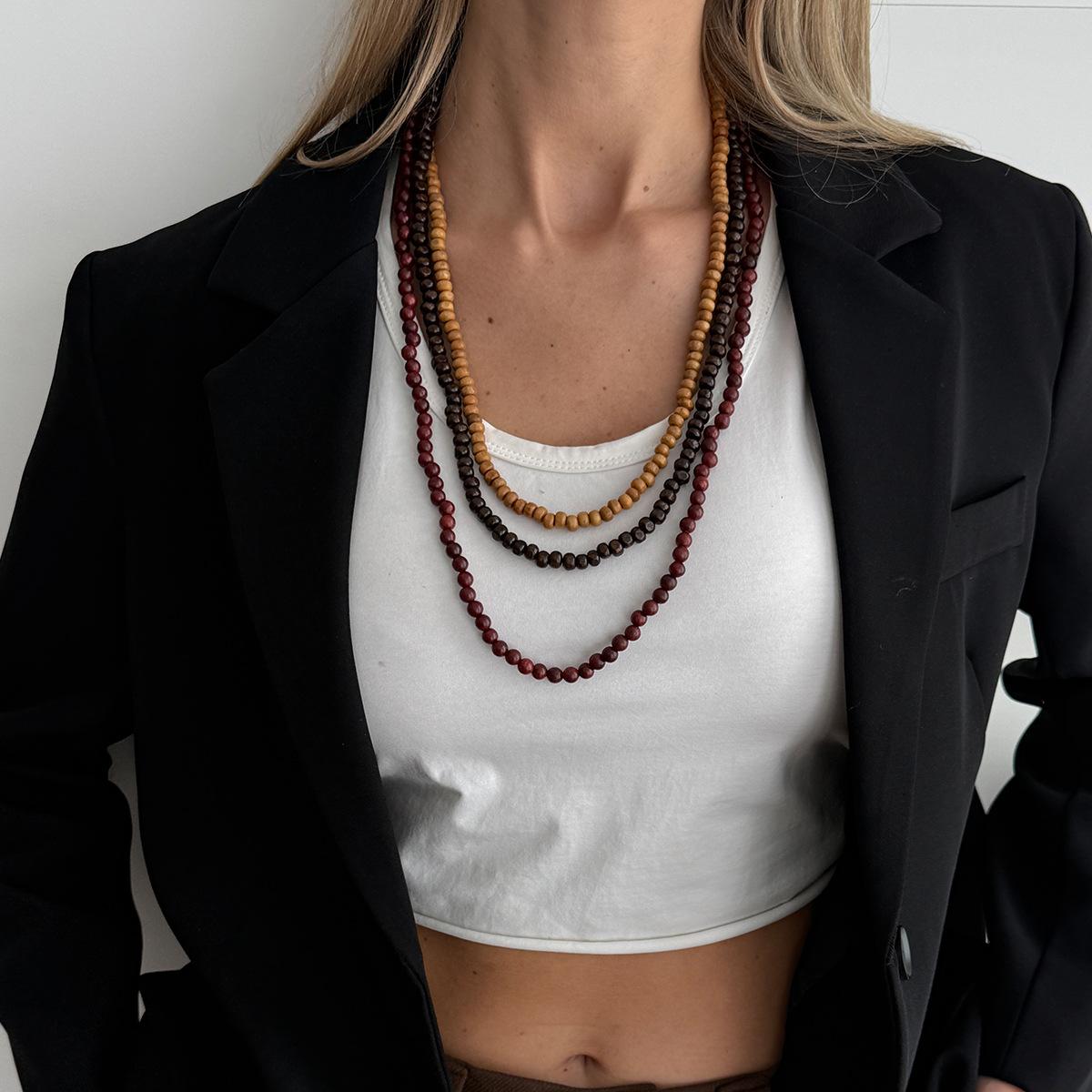 Многослойное деревянное бусинное ожерелье в этническом стиле, Преувеличенная длинная многослойная цепочка-свитер в форме водопада