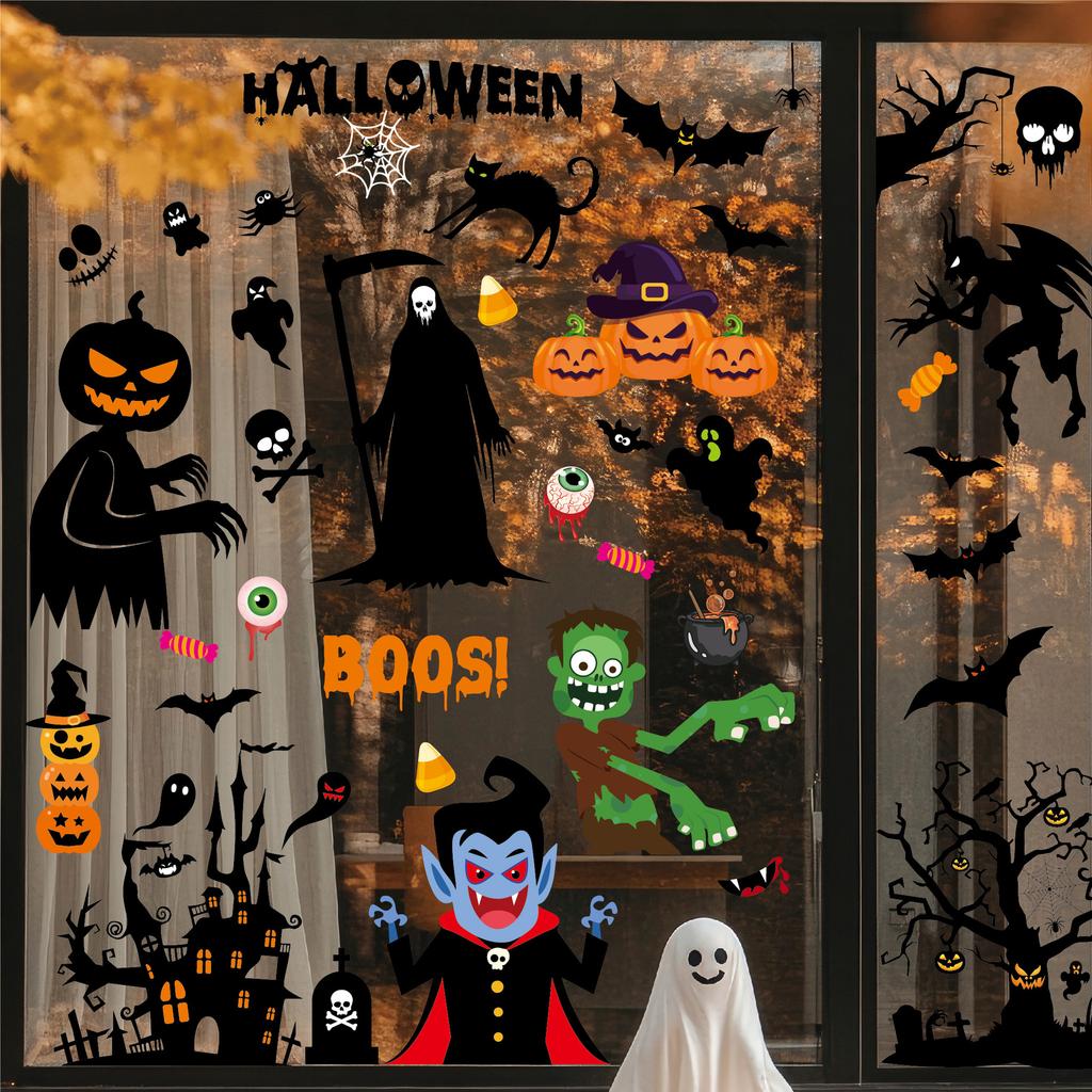 Halloween Window Stickers Skull Bat Ghost Window Glass Static Stickers Holiday Party Decoration Halloween Window Stickers