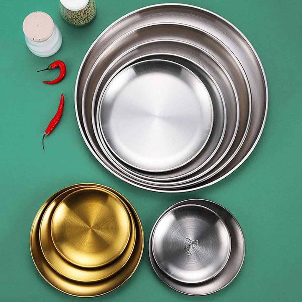 4-Piece Stainless Steel Dinner Plates Round Metal Plates Serving Tray Dessert Plates Dinner Dish for Home Camping  BBQ