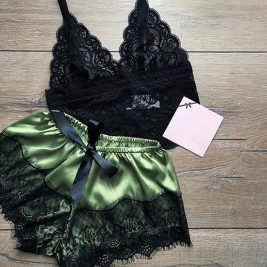 2 Pcs/Set Lady Pajamas Satin Bow Sleeveless Crop Top See-Through Lace Patchwork