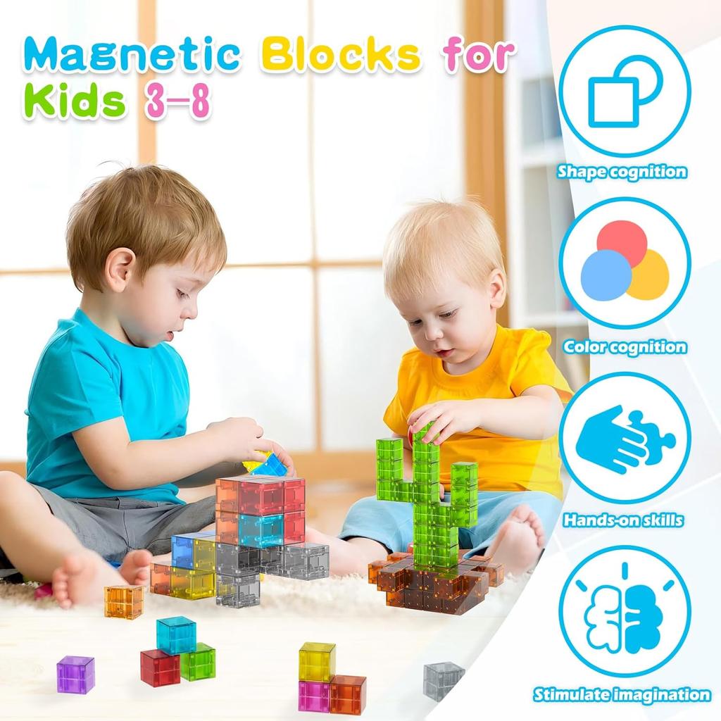 Doloowee 50 PCS Magnetic Blocks, Transparent Magnetic Building Cubes Magnet Blocks for Kids Ages 4-8, STEM Preschool Toys Montessori Sensory Magnet