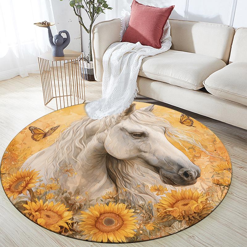 White Horse pattern round rug,Carpet Rug for Living Room Bedroom Sofa Playroom Decor,Non-slip Floor Mat,Holiday Gifts and Birthday Gifts