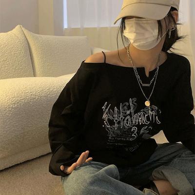 2025 New Retro Letter Printed Top Spring Summer Solid Color Strapless Long Sleeve T-Shirt Loose Top