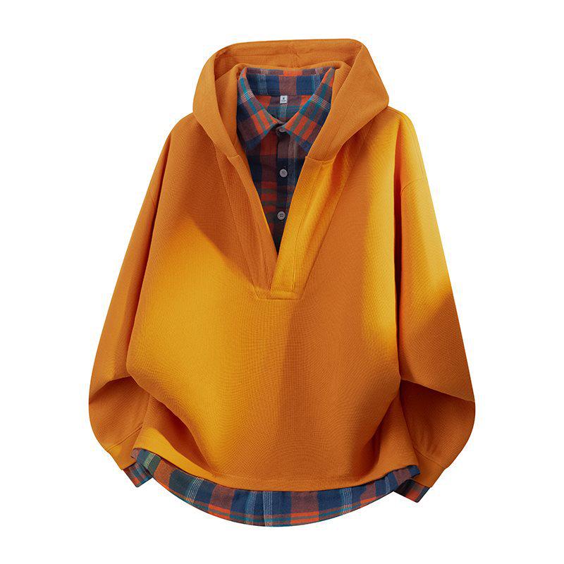 Unisex Plaid Patchwork V-Neck Hooded Sweatshirt