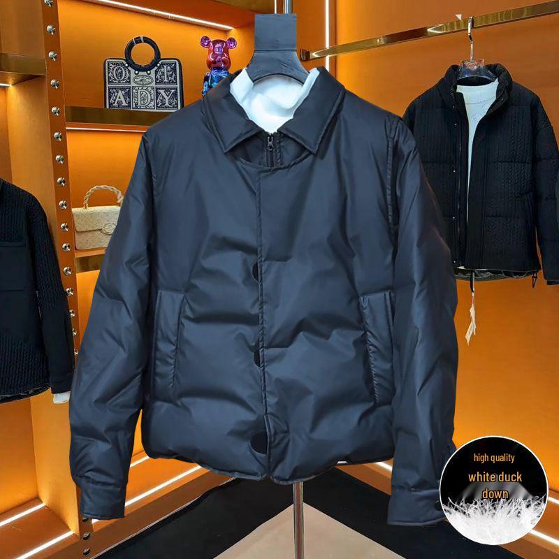 Men s Trendy Lapel Winter Jacket - White Duck Down Faux Two-Piece, Thick Warm Casual Short Coat M (90-130 lbs)