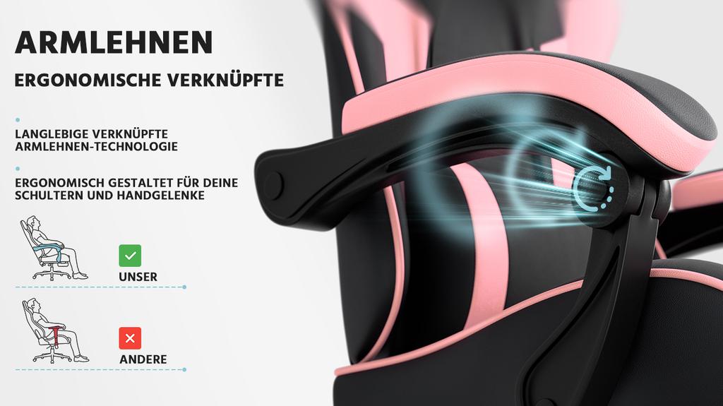 Gaming Chair with Lumbar Support, Breathable PVC Leather, Comfortable Computer, Load Capacity 200KG, Seat Height and Backrest Adjustable Black-Pink