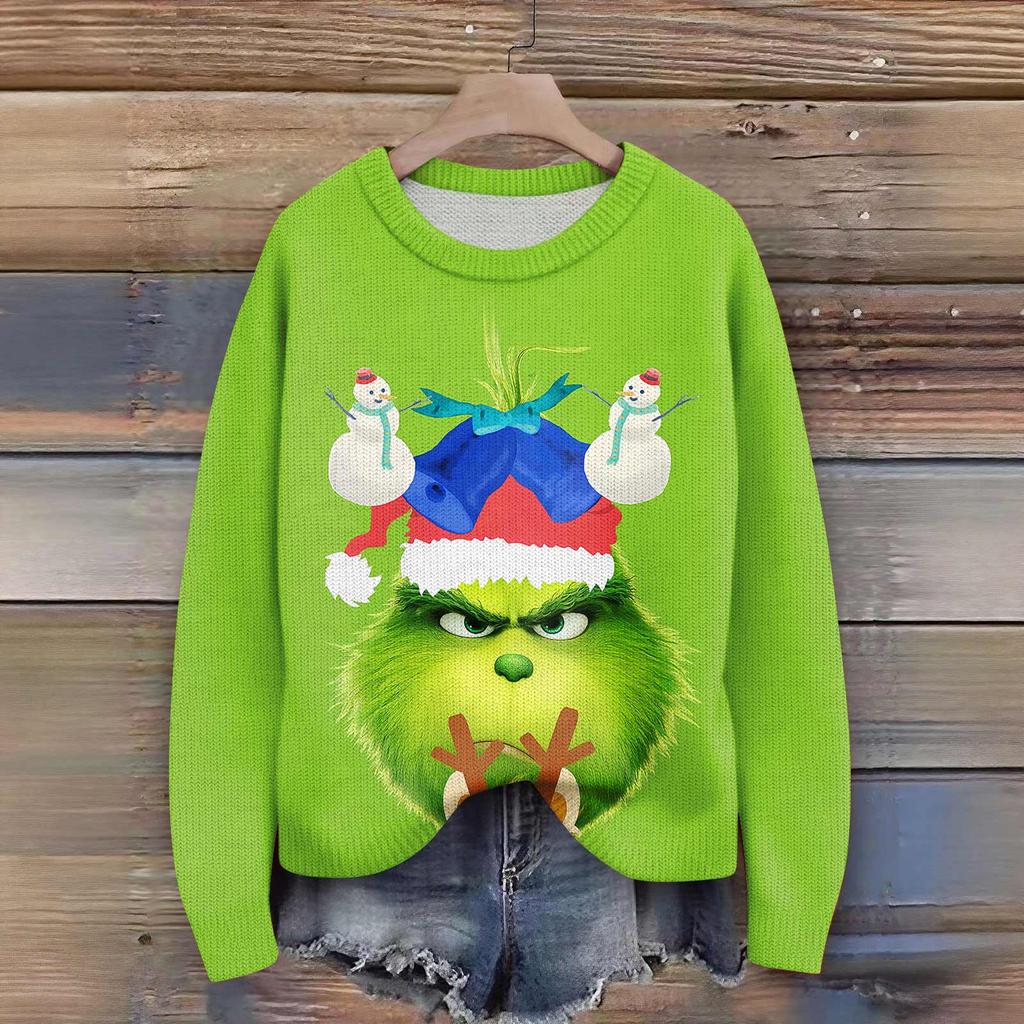 Gensere med lange ermer for kvinner O-hals Casual Søt trykk Strikket Oversized genser