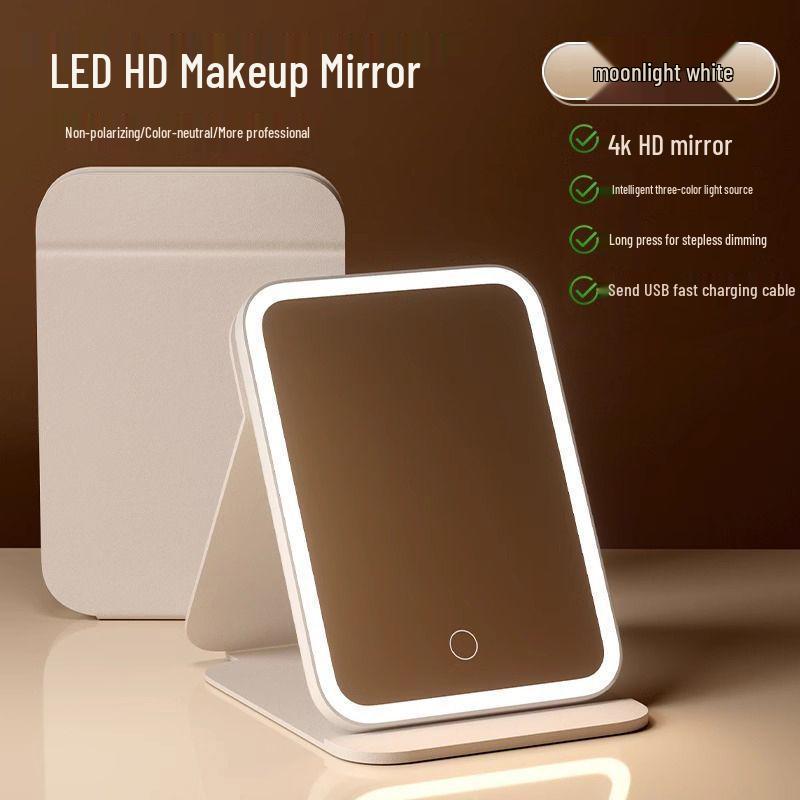 Foldable LED Makeup Mirror with HD Light - Portable, Stylish for Dorms and Desktops