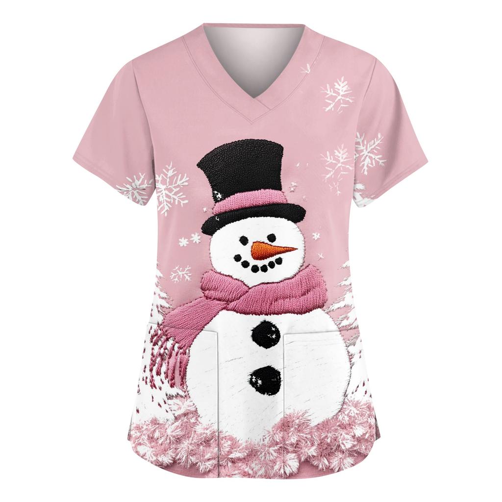 Women's Fashionable V-neck Workwear Christmas Printed Short Sleeved Pocket Side Slit Workwear Basic Pullover Top