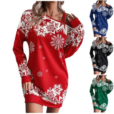 Women's Autumn And Winter Fashion Christmas Snowflake Printed Sloping Shoulder Dress