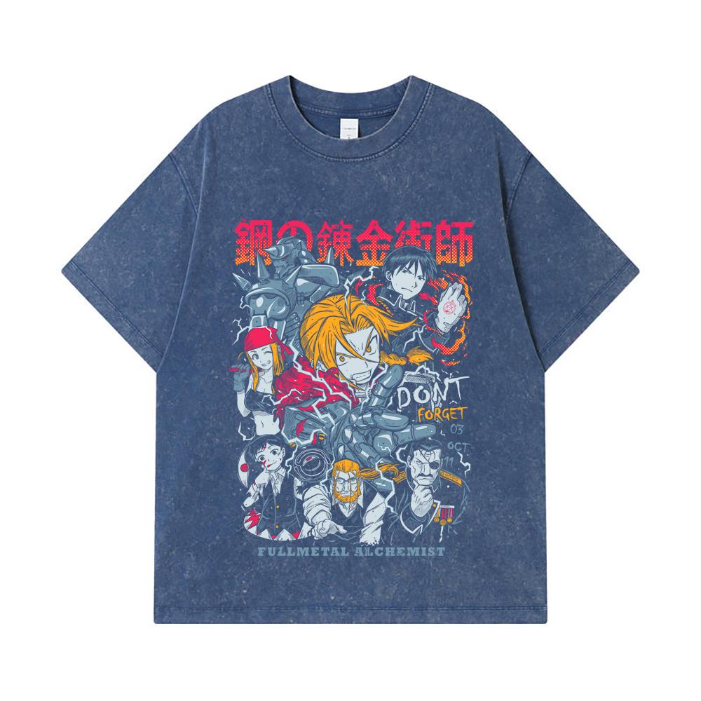Camisetas Lavadas de 275 GSM 100% Algodón Fullmetal Alchemist V1 Estampado Unisex Camiseta Pesada de Algodón