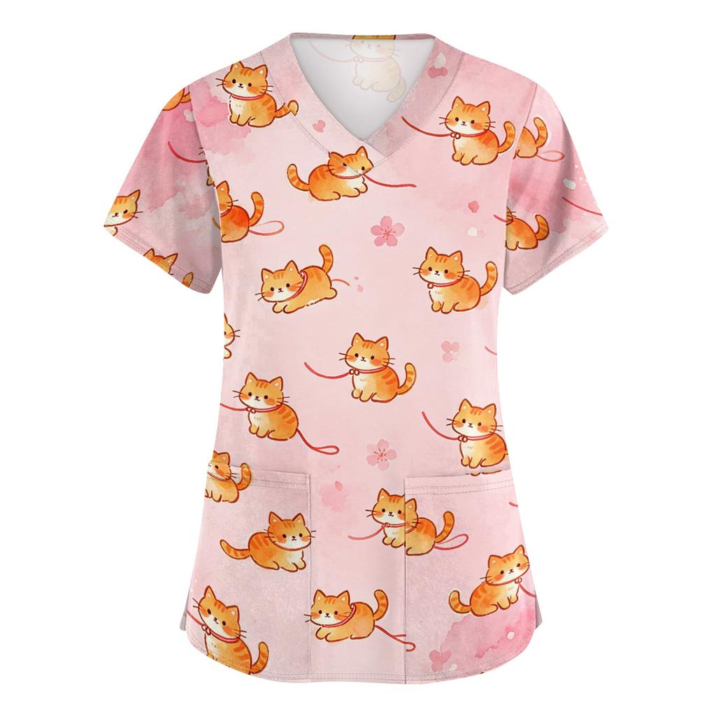 Damen V-Ausschnitt Kurzarm Arbeitshemd mit Taschen Tierprint Oberteil Medizinische Scrub Uniform für Gesundheitsberufe Bequeme Passform