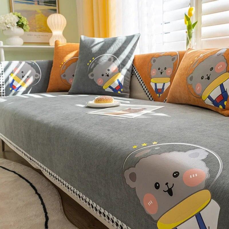 Modern Universal Chenille Sofa Cover Sofa Pad Solid Color Cute Bear Sofa Mat for Living Room Non-Slip L Shaped Couch Cushion
