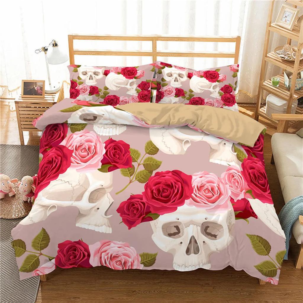 Skull Floral Skull Duvet Cover Full Size Gothic Skull Rose Bones Skeleton For Kids Women Men Red Black For Bedroom Decorations