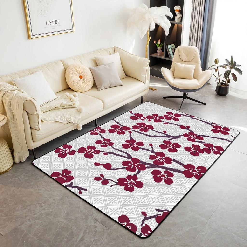 Japanese Ukiyo-e Geisha & Cherry Blossom Print Area Rug, Non-Slip Floor Mat for Living Room Bedroom Home Decor Carpet