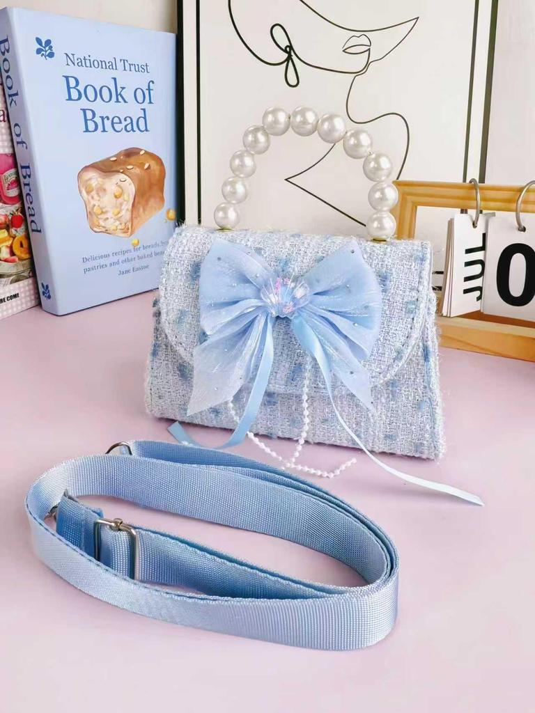 2025 Autumn Cute Girls' Crossbody Bag with Bow and Pearl Detail