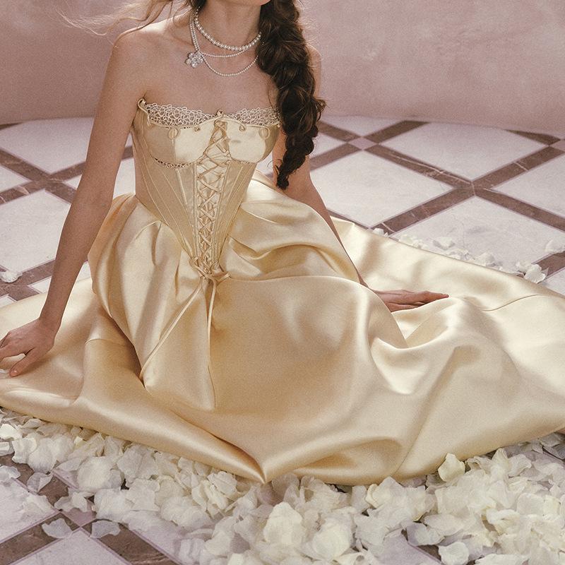 LaceMa Belle French Princess Satin Strapless Lace Mermaid Dress S