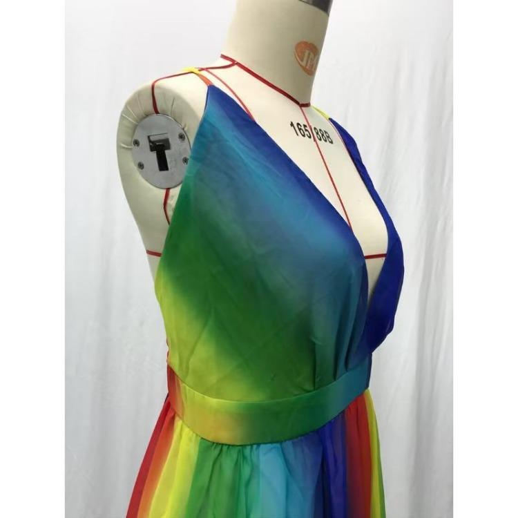 Deep V Halter Summer Casual Long Rainbow Dress Women