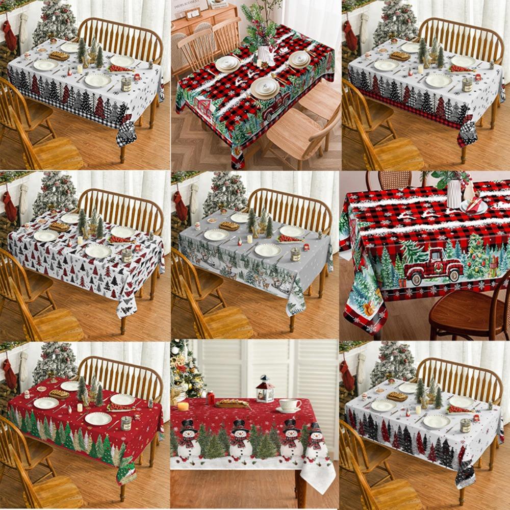 Christmas Polyester Tablecloth Snowman Print Lightweight Stain Resistant Dining Decor Long Table Cover
