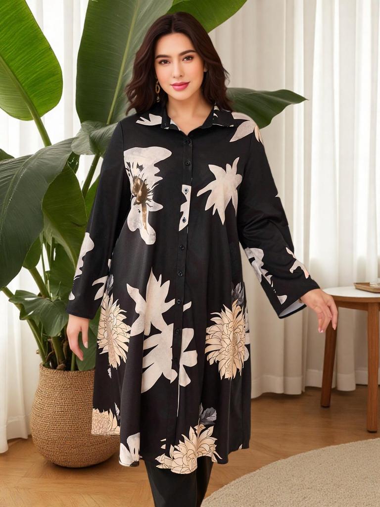 Dubai Plus Size Floral Long Sleeve & Pants with Long Skirt - Elegant Two-Piece Set