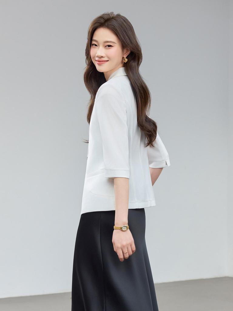 White Women's Casual Slim-Fit Blazer with Mid-Sleeves