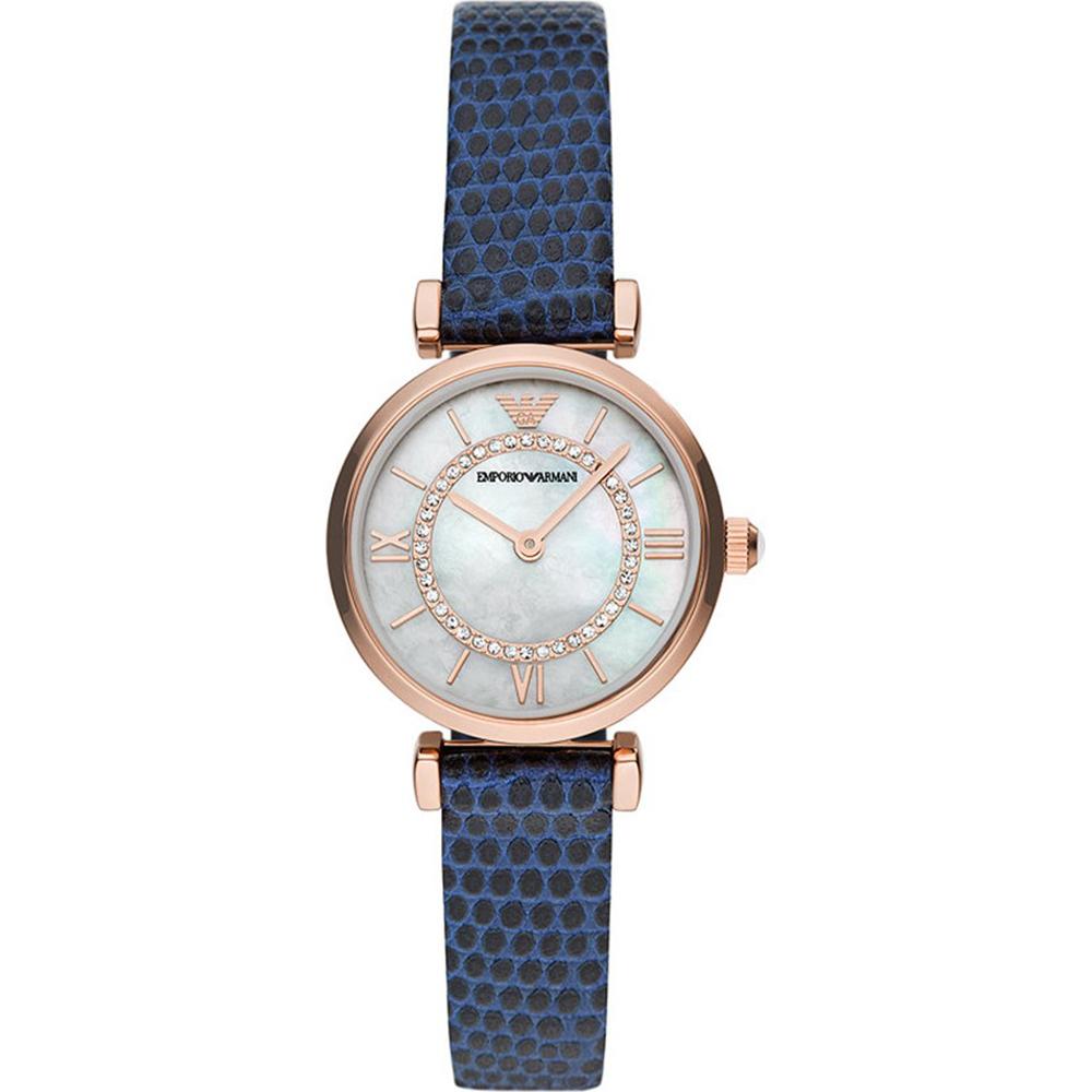 

Emporio Armani Gianni T-Bar Mother of pearl Blue Leather Ladies Quartz Watch AR11468 мать жемчужного