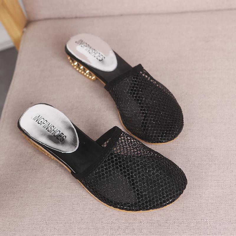 Summer Women Slippers Sexy Mesh Mules Indoor Home Slides Square Toe Female Shoes Outdoor Clogs Beach Sandals Flip Flops 43